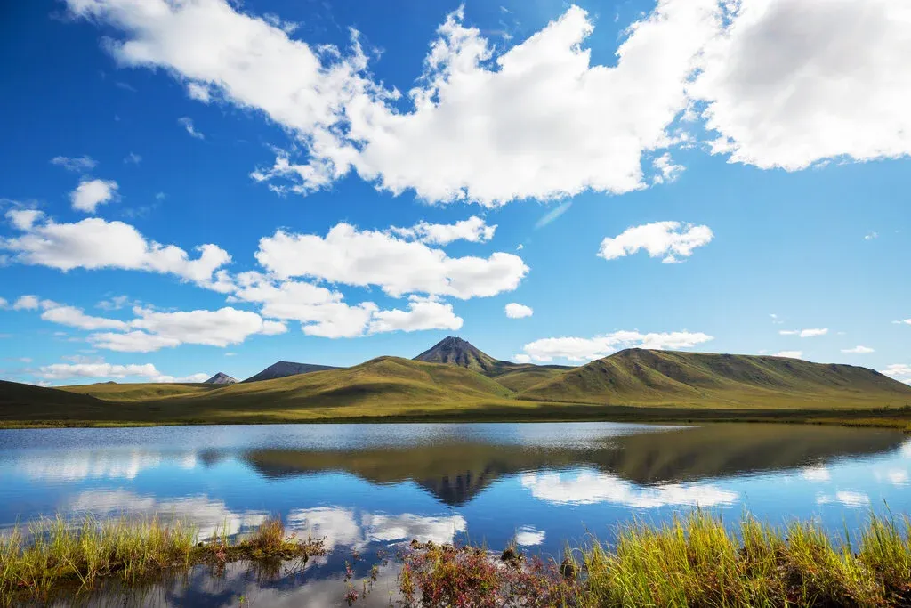 Beautiful blue lake in polar tundra along Dempster highway, Yukon, Canada
