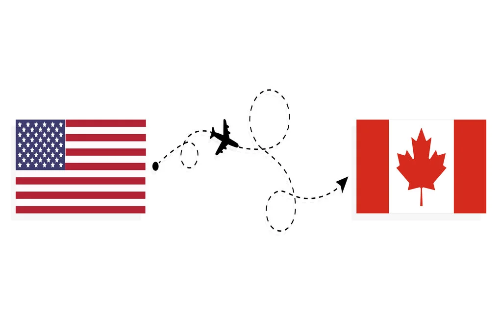 USA flag on the right, arrow in the midde pointing to Canadian flag; implying immigration from US to Canada